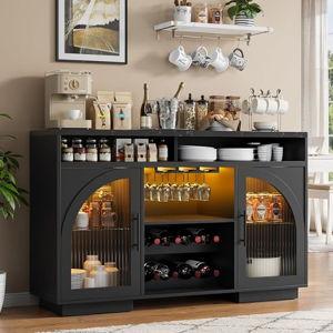 Sideboard Buffet Cabinet, 54" Kitchen Cabinet with LED Lights & Arched Glass Doors, Tall Bar Cabinets with 2 Adjustable Shelves, Wine Rack & Storage Table for Dining Room, Black