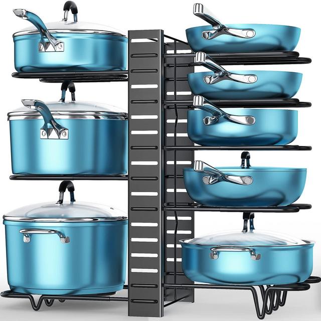 Pots and Pans Organizer for Cabinet, ORDORA 8 Tier Pot Rack with 3 DIY Methods, Adjustable Pan Organizer Rack for Cabinet, Pot Organizer for Kitchen Organization Storage, Pot Lid Organizer