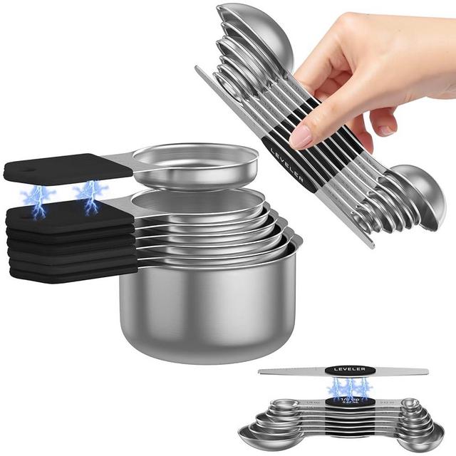 Magnetic Measuring Cups and Spoons Set - 304 Stainless Steel | Dual-sided Design | Set of 15 with Leveler | Strong N52 Magnetic Nesting Design | for Dry & Liquid Ingredients (Black)