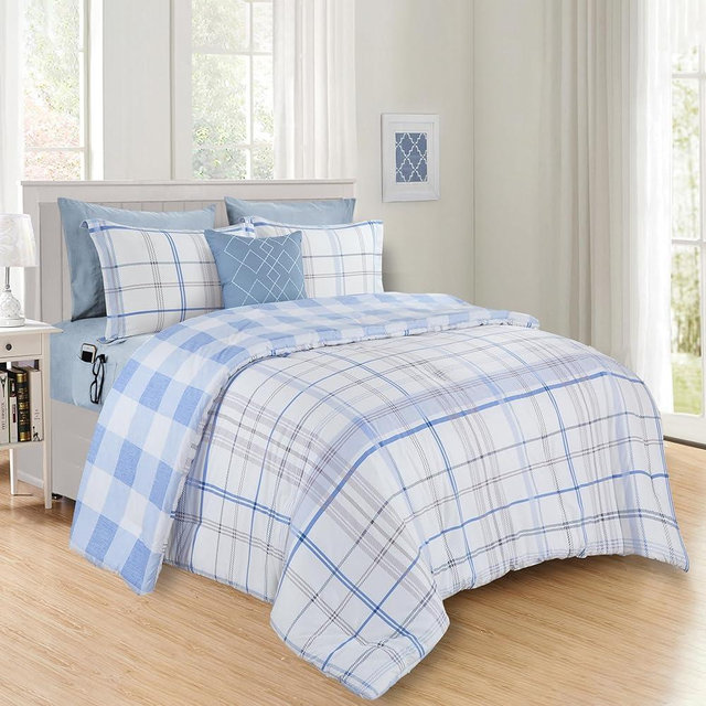 Elegant Comfort 8- Piece Lodge Plaid Reversible Comforter Set Bed-in-a-Bag Set - Silky Soft Complete Set Includes Bed Sheet Set with Double Sided Storage Pockets, King/Cal King, Aqua