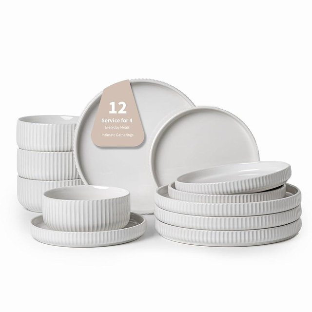 Dinnerware Sets for 4, 12-Piece High-Gloss White Dish Set, Modern Stoneware Plates and Bowls, Scratch-Resistant & Microwave Safe – Effortless Elegance for Hosting & Daily Indulgence