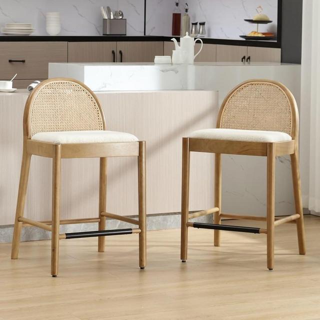 DUOMAY Modern White Rattan Counter Stools Set of 2, 26 Inch Height - Wooden Boucle Upholstered Bar Stools Barstool with Oval Rattan Backrest - Armless Kitchen Island Stool Chair