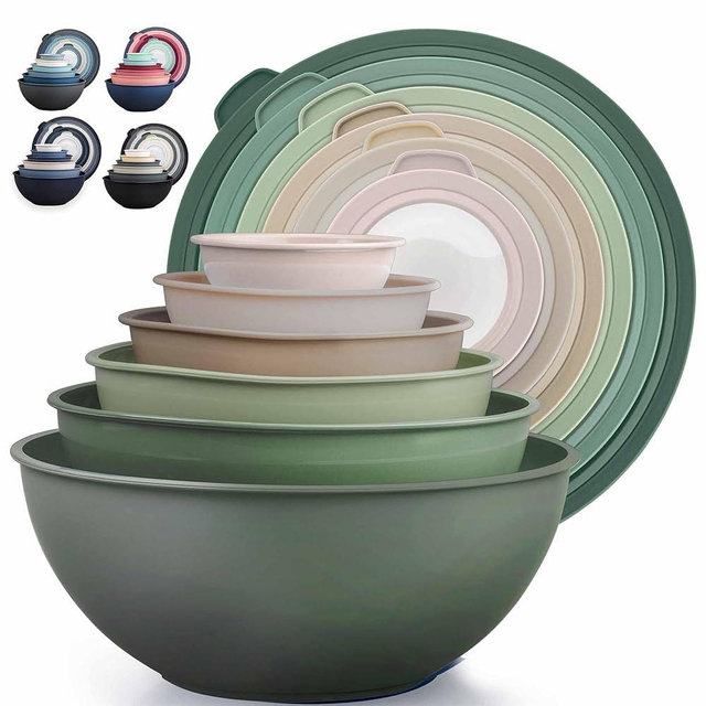 Zulay Kitchen 12 Piece Plastic Mixing Bowls with Leak-Proof Lids Set - Microwave and Freezer Safe Kitchen Mixing Bowls for Preparing, Serving and Storing - Large Nesting Bowls (Forest Ombre)