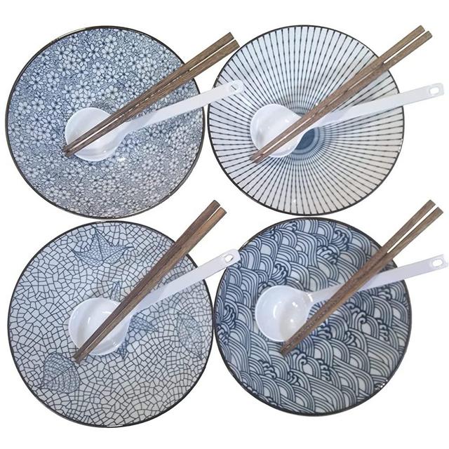 Ramen Bowl Set of 4 with Chopsticks Japanese Ramen Bowl Asian Soup Bowls and Spoons set Kit 12pcs