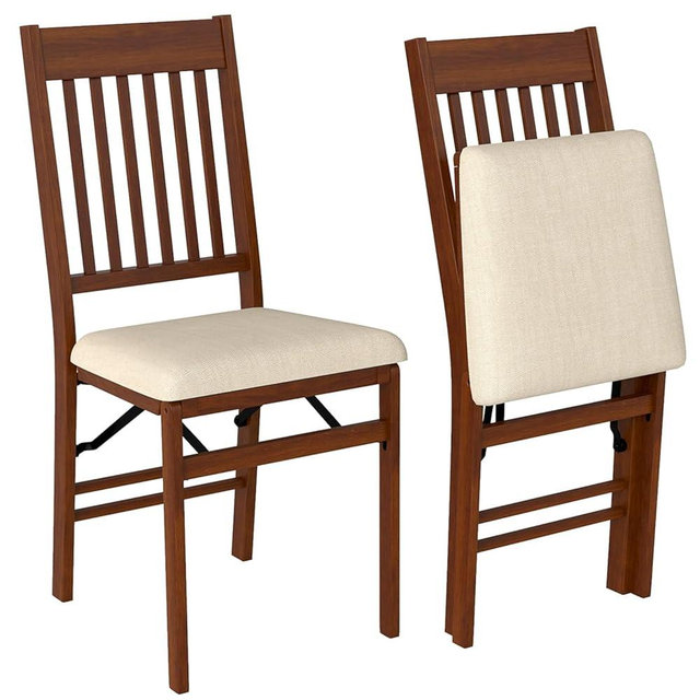 FDW Portable Folding Chairs, Wooden Dining Chairs Set of 2 with Cushion, No Assembly & Compact Design for Kitchen/Dining/Living Room, Brown
