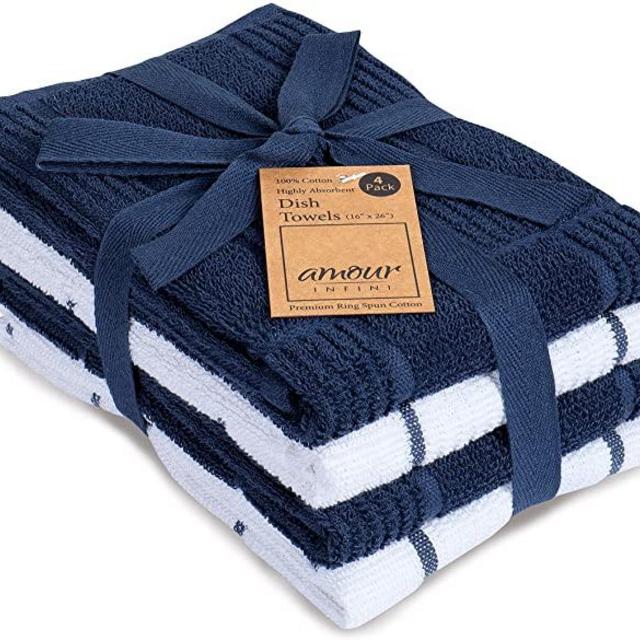 AMOUR INFINI Terry Dish Towel | Set of 4 | 16 x 26 Inches | Durable, Soft and Absorbent |100% Cotton Dishtowels | Perfect for Household and Commercial Uses | Blue