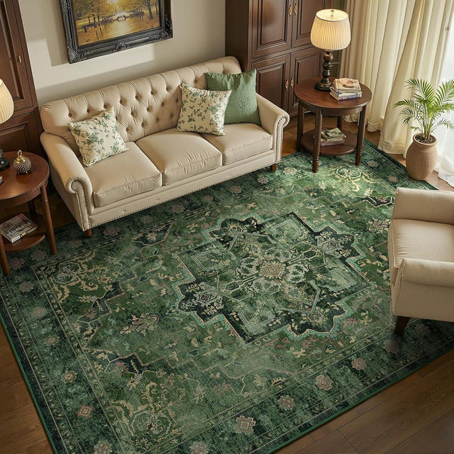 Jainmy Dark Green Tranditonal 6x9 Area Rugs for Living Room, Vintage Distressed Medallion Printed Low Pile Thin Rugs for Bedroom, Washable Non Slip Soft Carpet for Dining Room Home Office Guest Room
