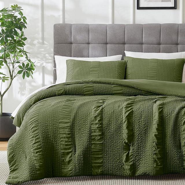Seersucker Olive Green Queen Size Comforter Set, 3 Pieces- Soft Washed Microfiber Sage Comforter with 2 Pillowcases shams, Fluffy Down Alternative Bedding Comforter Sets for All Season (90x90 inches)