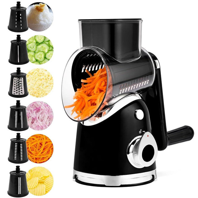 SUSTEAS Rotary Cheese Grater with Handle,Vegetable Slicer with 6 Interchangeable Blades, Reinforced Suction,Easy to Clean,Kitchen Shredder for Crushed Ice,Fruits and Nuts with Blade Storage Case,Black