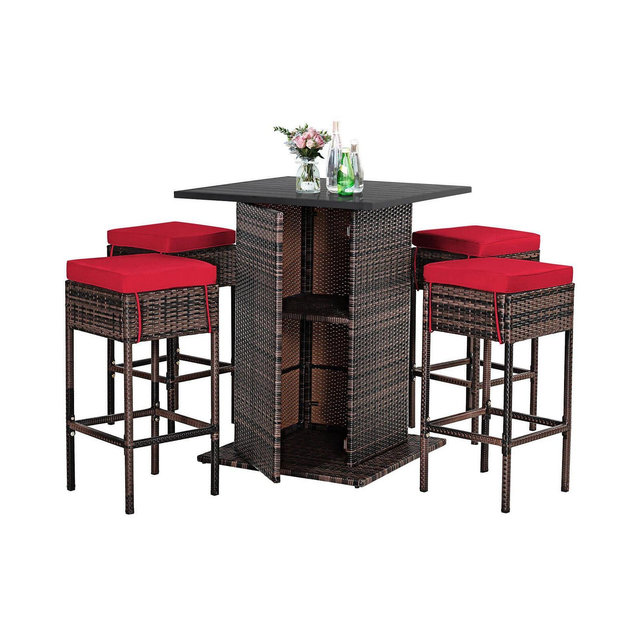SKONYON 5 Pieces Patio Rattan Bar Furniture Set with Cushions and Hidden Storage Shelf