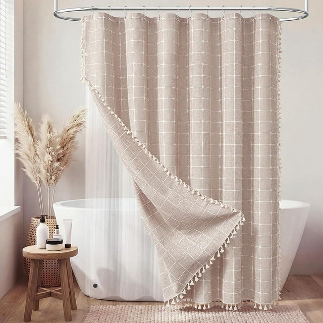BTTN 3 in 1 Shower Curtain with PEVA Liner, Tan Boho Linen Fabric Shower Curtain Set with Plastic Hook, Farmhouse Bohemian Country Cute Waterproof Cloth Shower Curtain for Bathroom, Taupe, 72x72