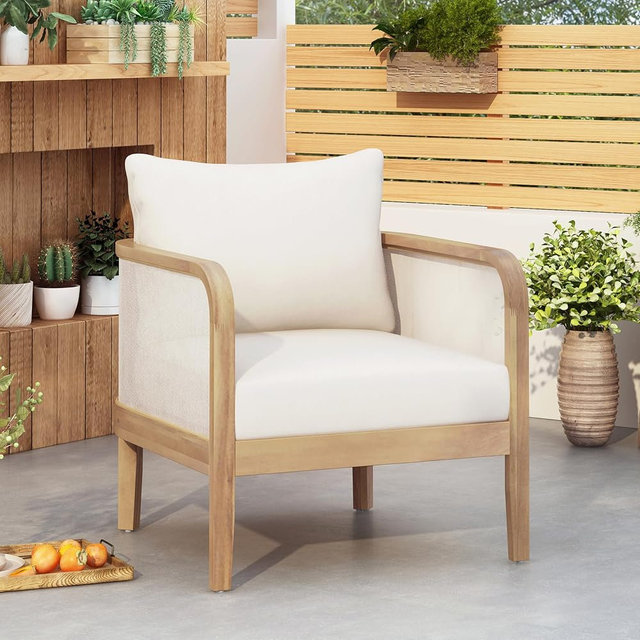 Christopher Knight Home Linksy Outdoor Club Chair, Patio Arm Chair, Modern Single Sofa Chair, Acacia Wood Frame, Club Chair with Cushions, Deep Seating for Porch, Garden, Backyard, Balcony, Beige