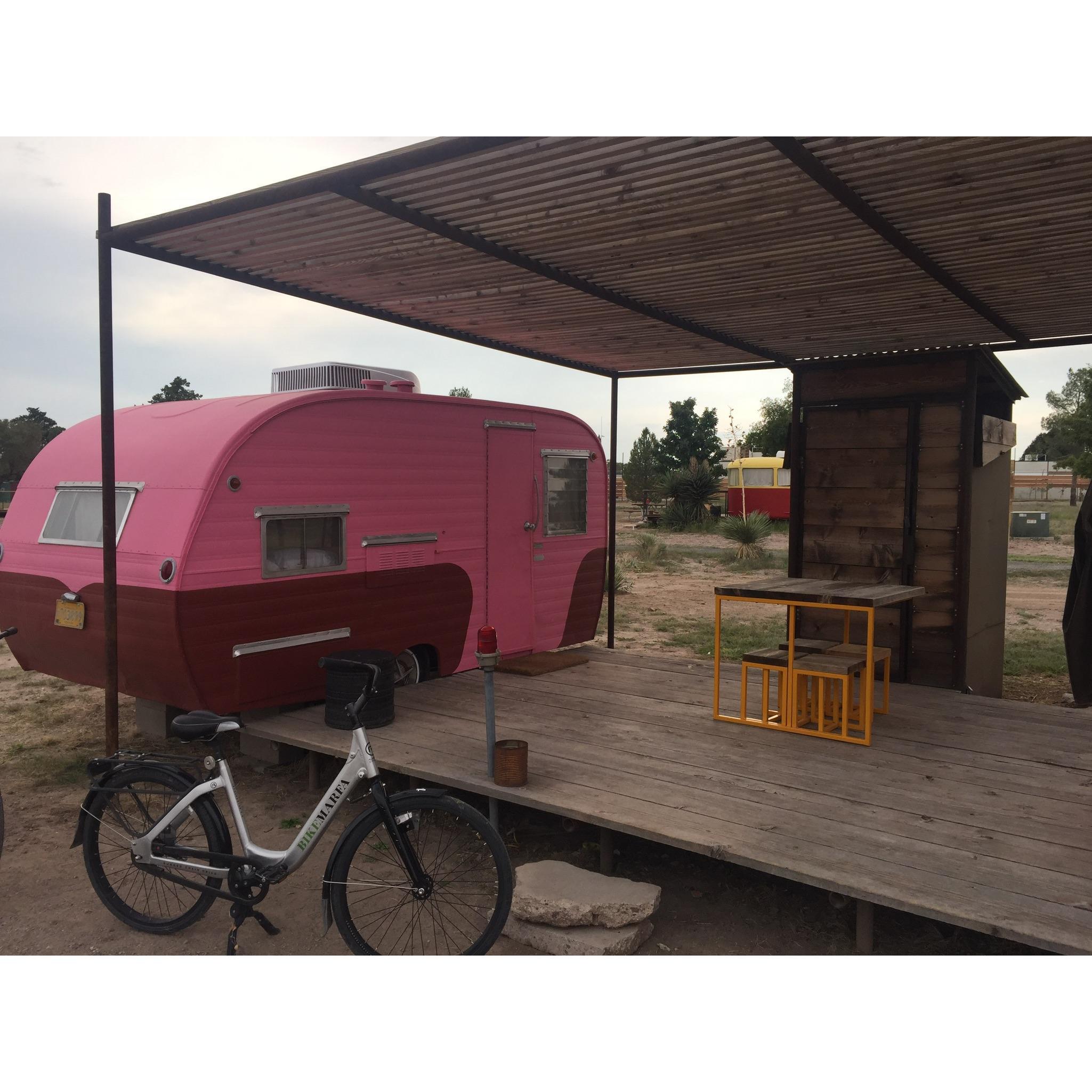 Our trailer where we stayed in Marfa, TX on our first trip together in 2017. She was named Little Pinky and we will never forget her!