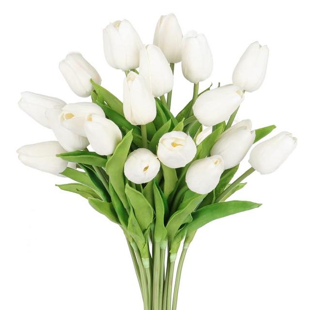 Tulips Artificial Flowers 20 Pcs White Fake Tulip Stems Real Touch PU Tulips for Easter Spring Wedding Bouquet Home Centerpiece Floral Arrangement Table Décor