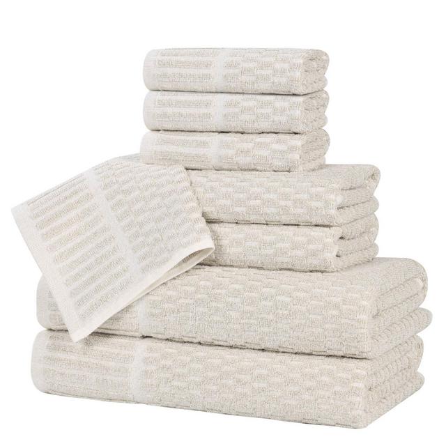 Viscose Cotton Blend Medium Weight Soft Textured Checkered Ribbed Border 8 Piece Towel Set, Beige - Blue Nile Mills