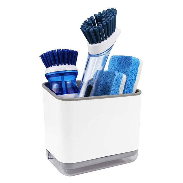 Sink Counter Caddy, Dish Sponge Holder, Kitchen Sink Sponge and Brush Holder, Plastic Dish Scrubber Organizer with Drain Tray, White