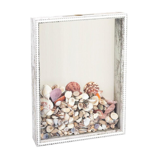 FramePro Travel Shadow Box Frame White 11x14 Seashell Collection Top Loading with Slot Uniqle Beaded Design for Movie Tickets Rainy Fund Events Concert Drink Beer Caps