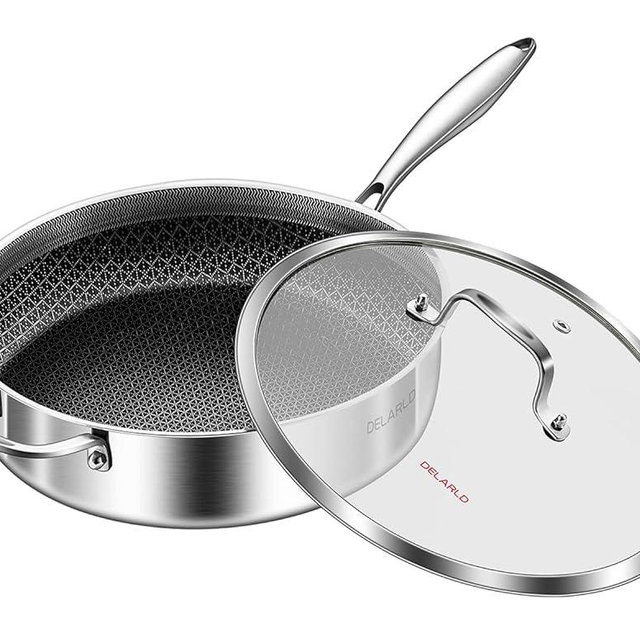 DELARLO Tri-Ply Stainless Steel 12 Inch Deep Frying Pan 6 QT Saute Pan Nonstick, Induction Compatible Chef Cooking Pan, Sauté Pan with lid, Dishwasher & Oven Safe