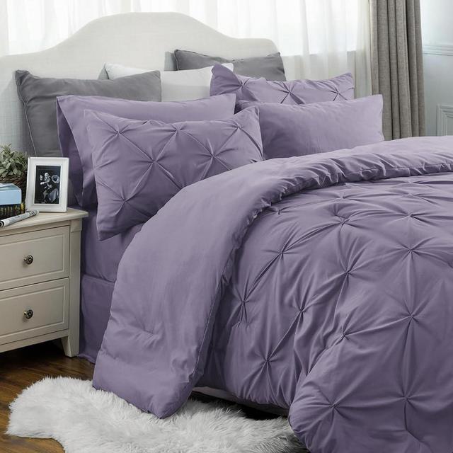 Bedsure Grayish Purple King Size Comforter Set - Bedding Set King 7 Pieces, Pintuck Bed in a Bag Green Bed Set with Comforter, Sheets, Pillowcases & Shams