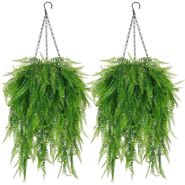 Fairblo Fake Hanging Plant Outdoor Artificial Boston Fern Hanging Baskets 2 Set Fake Ferns Hanging Plants Artificial Decor 23.6" Artificial Hanging Ferns for Outdoors Front Porch Patio Garden Home
