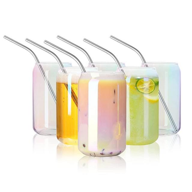 Beer Can Glass Cups Set of 6pcs, 16oz Colorful Drinking Glasses Hand-Blown Clear Iced Coffee Cup with Straw Cocktail Glasses Cup Sets for Kitchen