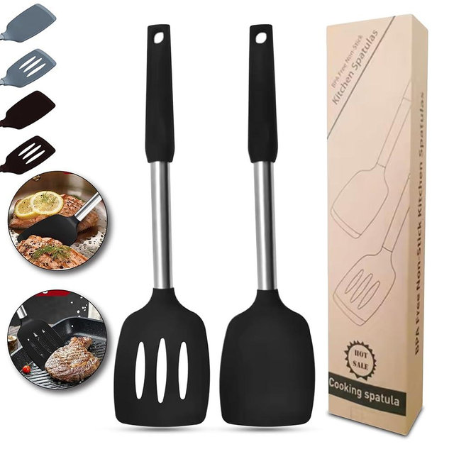 NAMAPRODX Silicone Spatulas set for kitchen: Heat Resistant Turner & Slotted Silicone Spatula for Cooking, Non Toxic Kitchen Utensils, Ideal kitchen spatula turner for Eggs & Pancakes - Black