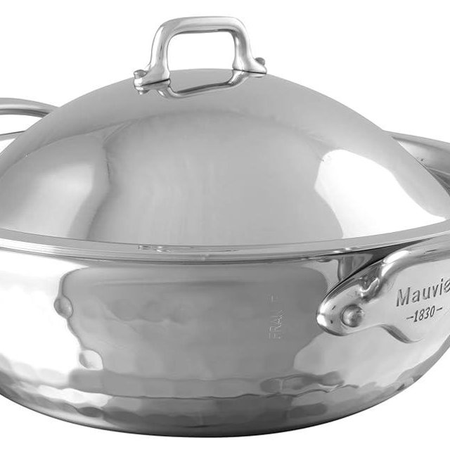 Mauviel M'Elite 5-Ply Hammered Polished Stainless Steel Splayed Curved Saute Pan With Dome Lid, And Cast Stainless Steel Handles, 3.3-qt, Made in France