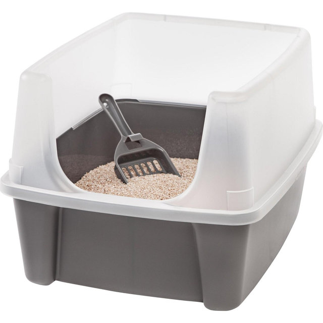 IRIS USA Open-Top Cat Litter Box with Shield and Scoop, Dark Gray