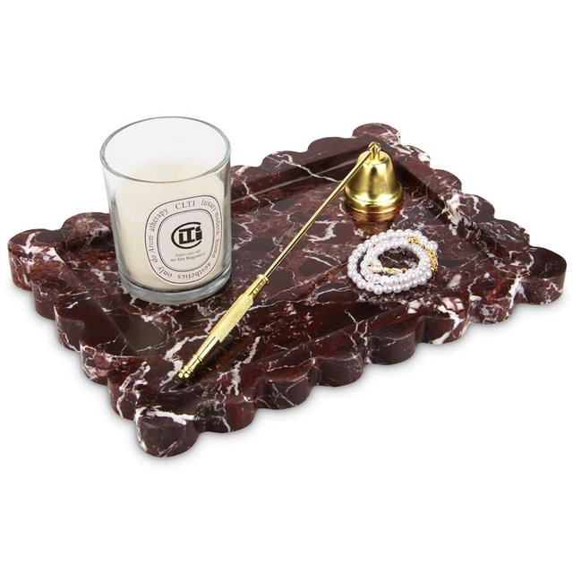 Scalloped Marble Decorative Tray,Luxury Natural Stone Bathroom Vanity Tray, Dresser Top Perfume Coffee Home Kitchen Toilet Sink Tray, Key Trinket Ring (Rosso Lepanto, 10.8 * 8)