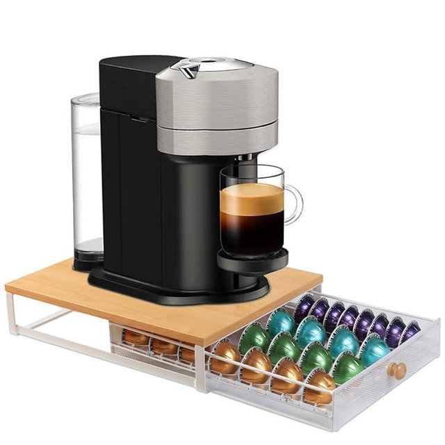 Sedegn Coffee Pod Holder Drawer Organizer Capsules Storage Organizer with Sliding Drawer Compatible For Nespresso Pods, Holds up to 56 Small or 28 Big nespresso pod Oak Color