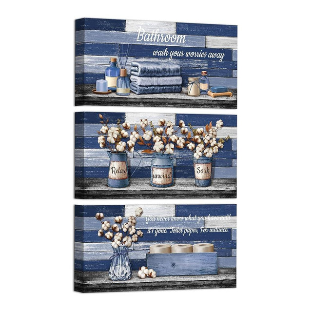 HOMEOART Bathroom Signs Farmhouse Bathroom Wall Decor Pictures Canvas Wall Art for Bath Room Decor Framed 6x12inchx3Pieces (Blue)