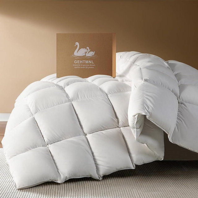 Gehtmnl Goose Down Fiber Comforter King Size – All Season Naturally Breathable Down Comforters, Luxury Hotel Collection Duvet Insert with 8 Corner Tabs, Cotton Fabric & Baffle Box (White,65oz Fill)