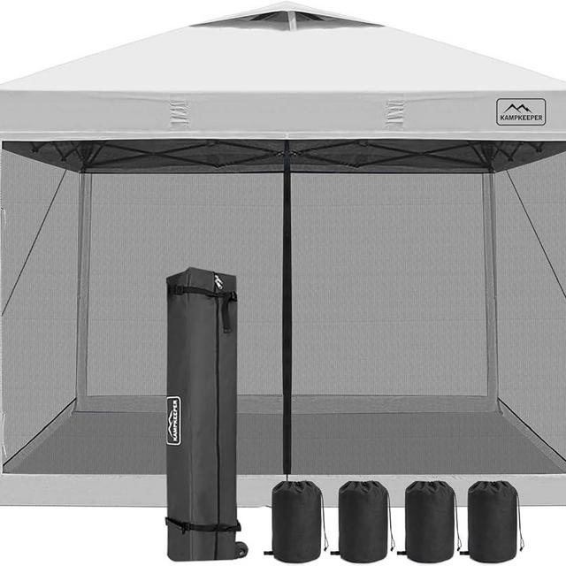 KAMPKEEPER Outdoor 10'x10' Pop Up Screened Canopy Tent with Netting Mesh Walls,4 Sandbags,1 Roller Bag (White Vented Top