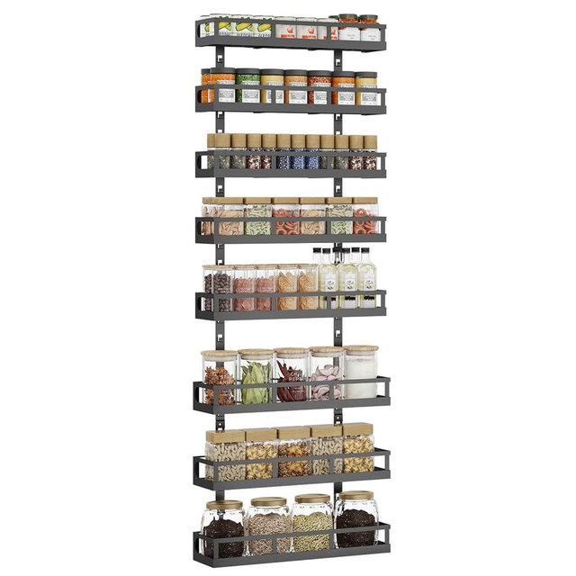 X-cosrack 8-Tier Adjustable Spice Rack – Wall-Mounted Space-Saving Organizer with Mixed Baskets, Large-Capacity Seasoning Holder for Kitchen & Pantry (Black)