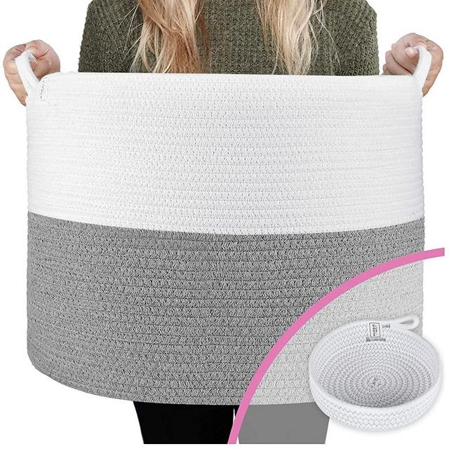 Blanket Baskets/Toy Baskets - Designer 22" Blanket Storage Basket + Bonus Basket for Toys, Blanket Basket Living Room Extra Large Baskets for Blankets, Toy Storage Basket - XXL Grey and White