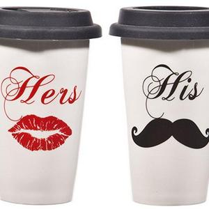Traveler Set Of 2 Asst His & Hers Double Wall Mugs W/Silicone Lid