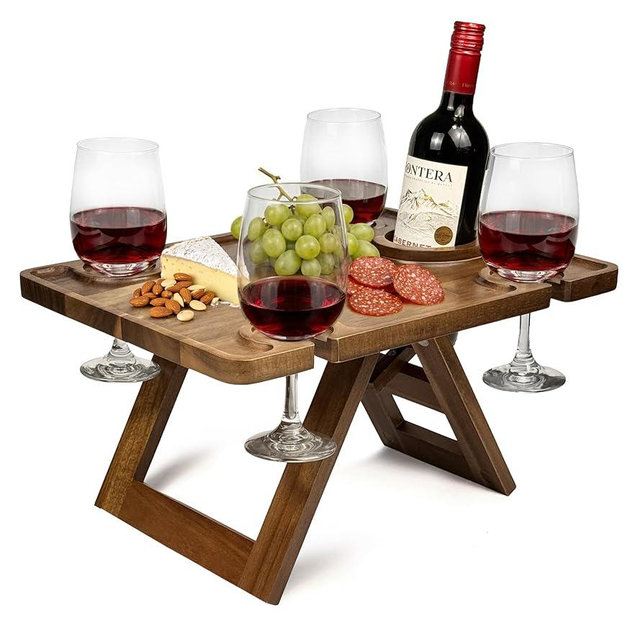 Piticco Portable Wine Picnic Table in Acacia Wood, Wine Charcuterie Board with Glass Holders, Outdoor Folding Wine Table for Beach, Park & Indoor Use, Gift for Wine Lovers