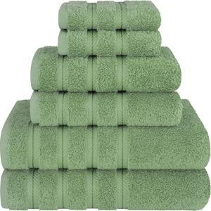 American Soft Linen 100% Carde Cotton 6 Piece Towel Set, 590 GSM Heavy Weight Soft Absorbent Turkish Towels for Bathroom, Sage