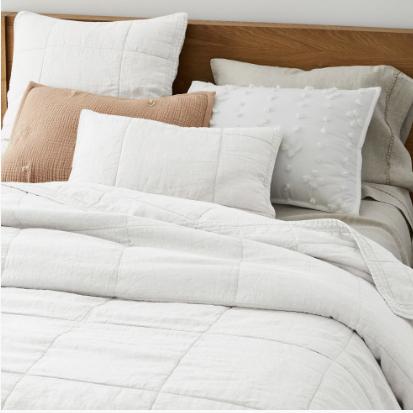 West Elm King European Flax Linen Box Stitch Quilt