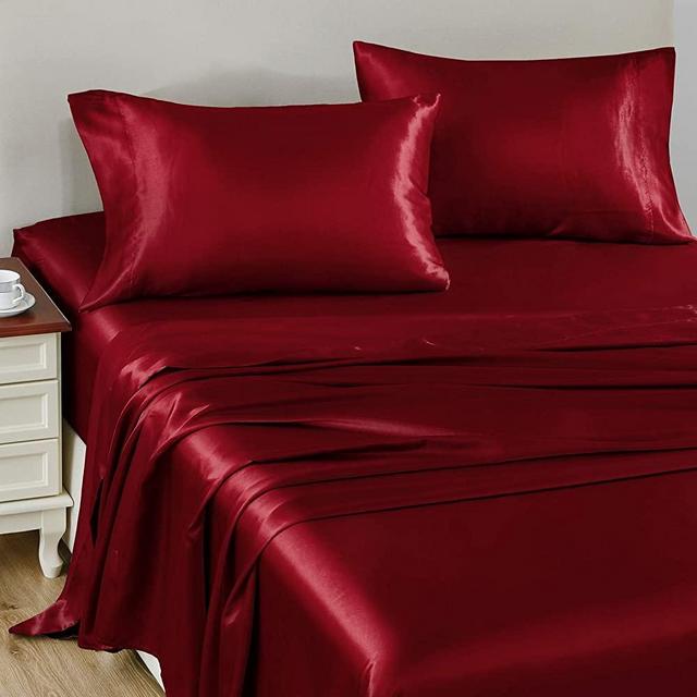CozyLux Satin Sheets Queen Size 4-Pieces Silky Sheets Microfiber Burgundy Red Bed Sheet Set with 1 Deep Pocket Fitted Sheet, 1 Flat Sheet and 2 Pillowcases, Smooth and Soft