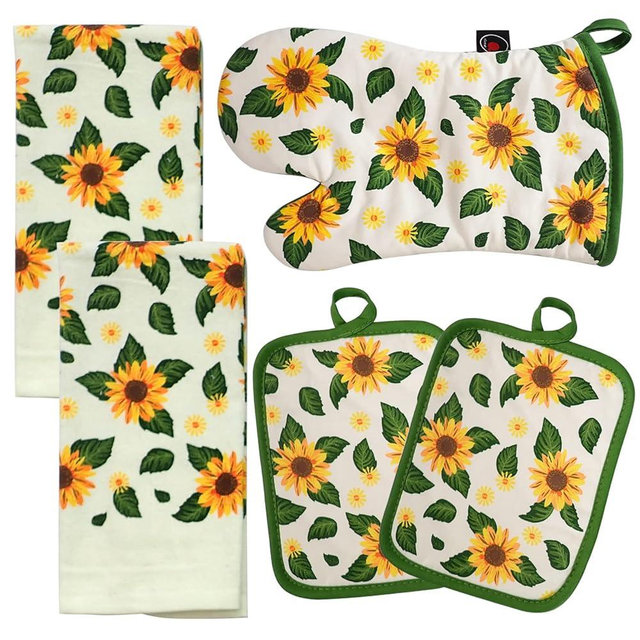 Oven Mitts and Potholders Dish Towles Set 100% Cotton for Perfect for Gifting, Baking and Everyday Cooking Durable Heat Resistant for Kitchen (5-Piece Sunflower)