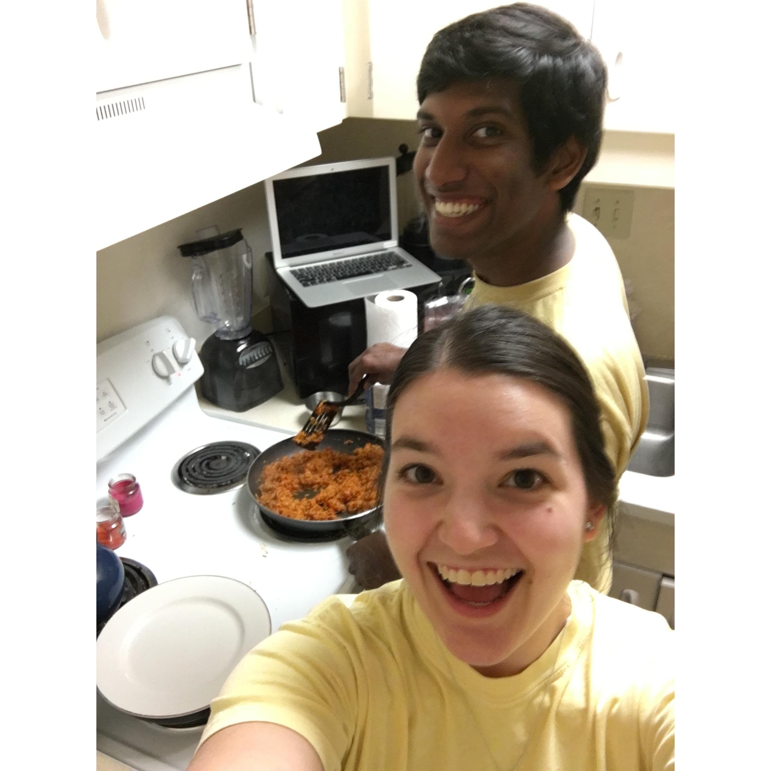 Cooking together in college! This is something we still love to do together, although Mark is a much better cook than Ariana. Also, we are not wearing matching shirts here; we're not THAT couple :P