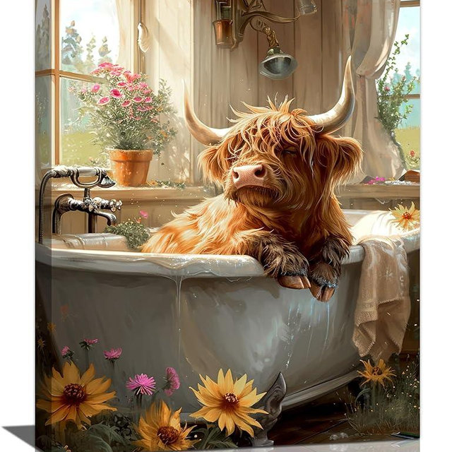 Cow Bathroom Decor Highland Cow Wall Art Sunflower cow in Bathtub Wall Art Highland Cow Prints Pictures Bathroom Canvas Painting Modern Decorations Framed Artwork for Bathroom Toilet 12"x16"