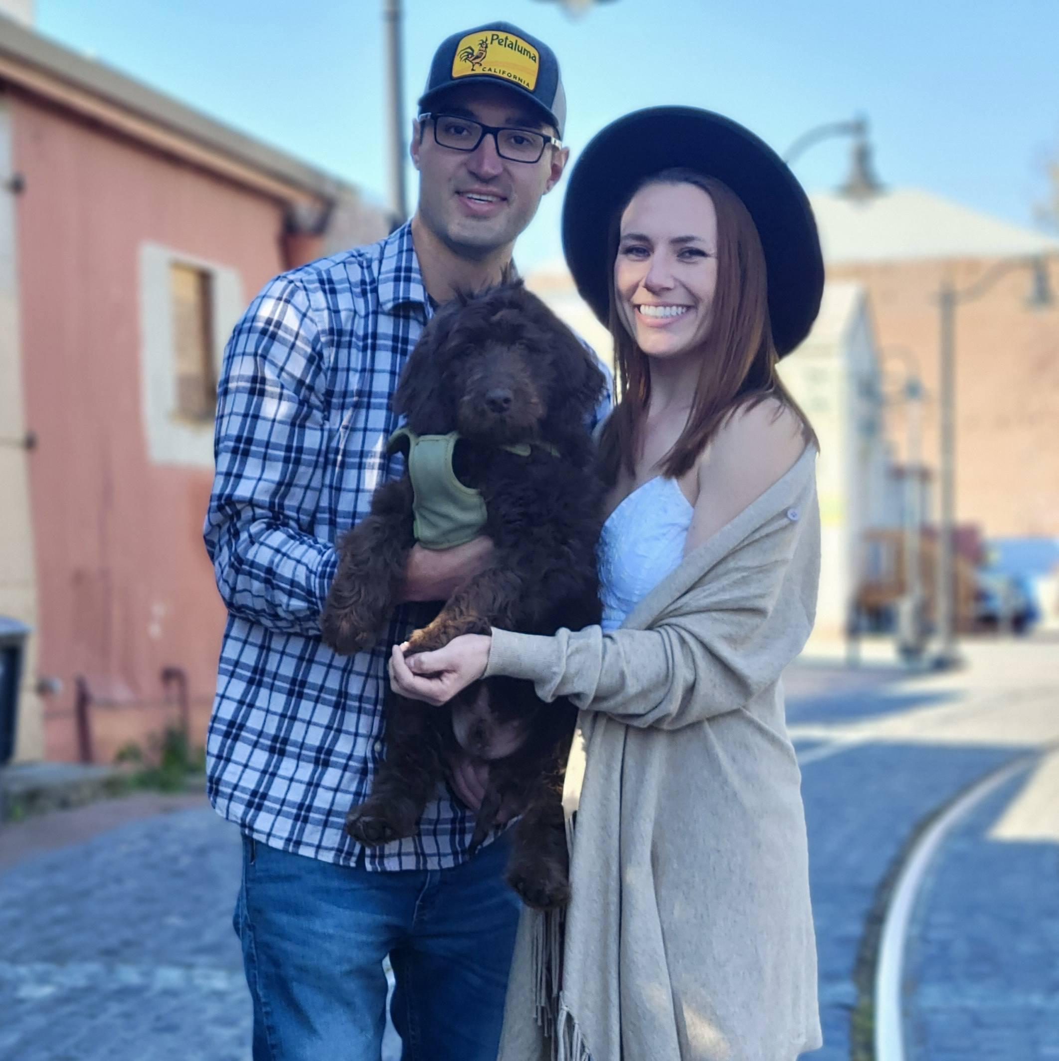 Brittany, Matt and Murphy in downtown Petaluma.