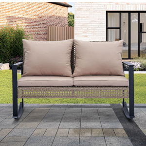 GDY Outdoor Wicker Loveseat Rocking Chair, Patio Outdoor Furniture Conversation Sets, Rattan Rocker Chair with Cushions, Modern Cozy Rocking Wicker Furniture for Garden, Porch, Poolside & Deck, Khaki.