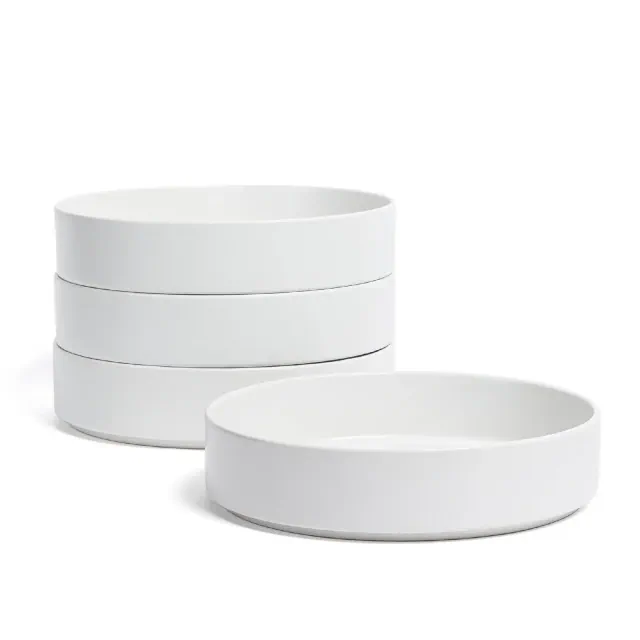over&back Set of 4 40oz Stackable Hand-Finished Stoneware Dinner Bowls Semi-Matte White: Microwave & Dishwasher Safe
