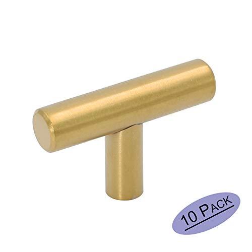 Goldenwarm 10Pack Single Hole Gold Cabinet Knobs and Pulls Door Cupboards Drawers Bedroom Furniture Handles 50mm/2in Overall Length Brushed Brass