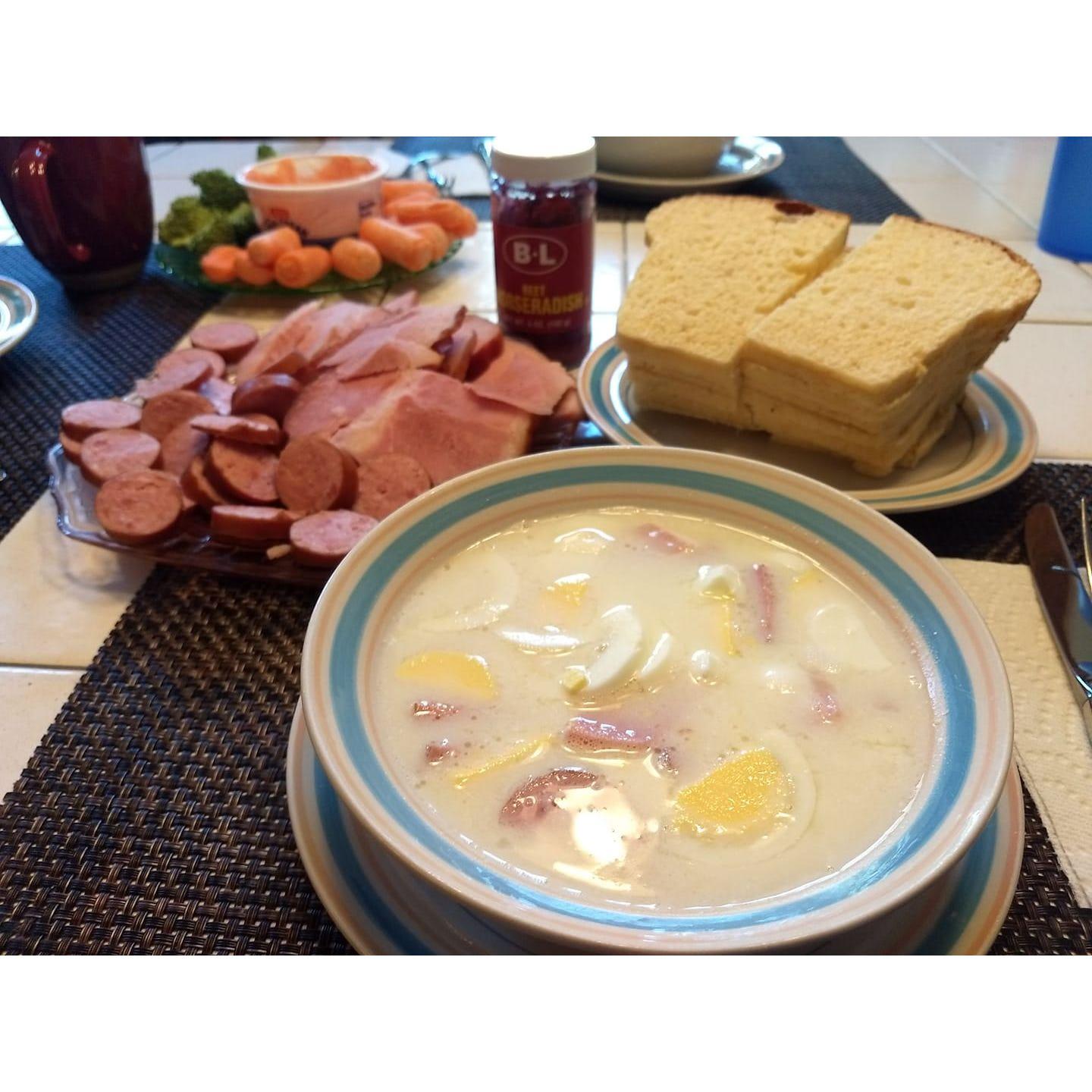 Thank you to the Poydence family who made Sarah feel at home during a time of isolation. Pictured is Polish Easter soup, ham and homemade bread, a Poydence family tradition.
