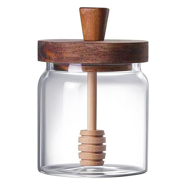 hiwafifi Glass Honey Jar with Dipper and Lid, 14 OZ Airtight Honeypot with Acacia Wood Lid, Coffee Syrup Dispenser, Round Honey Storage Container, Kitchen Dining Gifts for Her Bar Accessories