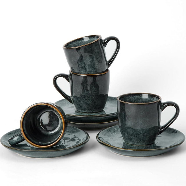 famiware Ocean Espresso Cups with Saucers Set of 4, 3.34oz Espresso Cup Set, Coffee Mug Set for Latte, Macchiato, Stoneware Demitasse Cups Set for Cafe, Microwave&Dishwasher Safe, Deep Forest